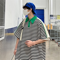美式复古条纹polo衫有领T恤男士夏季翻领蓝白五分袖短袖PL056-P32，男装Polo衫，星座308B-1