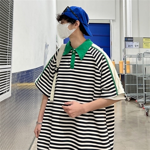 美式复古条纹polo衫有领T恤男士夏季翻领蓝白五分袖短袖PL056-P32,男装Polo衫,星座308B-1