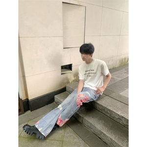 【网图】蕾丝拼接微喇牛仔裤直筒美式高街hiphop裤子NZK14LL-P65图片