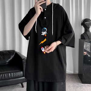 LD54165-P45连帽短袖t恤男大码胖子带帽五分袖中袖,男装T恤,电商A040