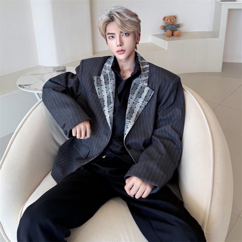 （自家图）蕾丝植绒复合领口拼接格纹西装外套宽松显瘦6005-P118，男装西服，星座910-5