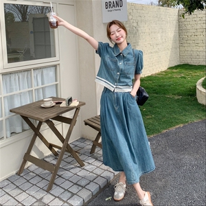 高级感蕾丝拼接牛仔衬衫套装裙女2025夏新款高腰显瘦半身裙两件套图片