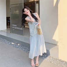 蓝色蕾丝刺绣无袖连衣裙女2025夏季新款法式度假风独特绝美背心裙，女装连衣裙，2C307