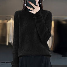 时尚百搭圆领花型羊毛针织衫女秋冬必备保暖毛衣，女装羊毛衫，隆格羊绒
