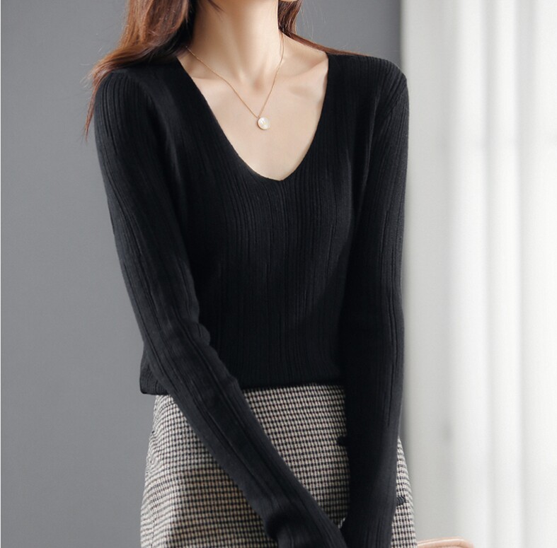 V领针织衫女薄款弹力修身显瘦长袖紧身内搭打底洋气上衣春秋，男装针织衫/毛衣，春韵羊绒