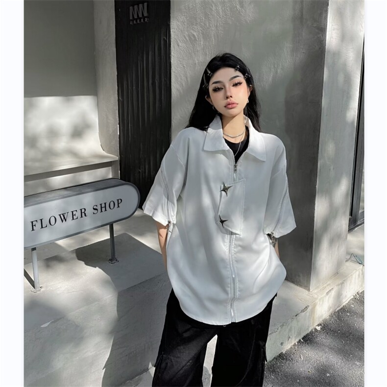 美式雅痞黑色拉链短袖衬衫新款女潮牌宽松风百搭上衣CY828-P41,男装衬衫,星座412-3