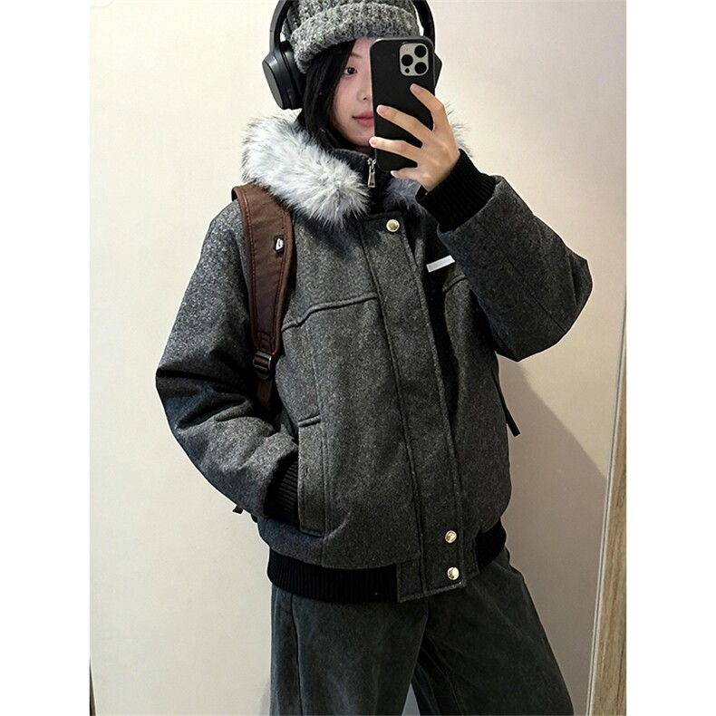 网图座山雕毛领连帽休闲毛呢拼接秋冬棉服情侣款上衣外套P118,男装棉衣,电商C306-1