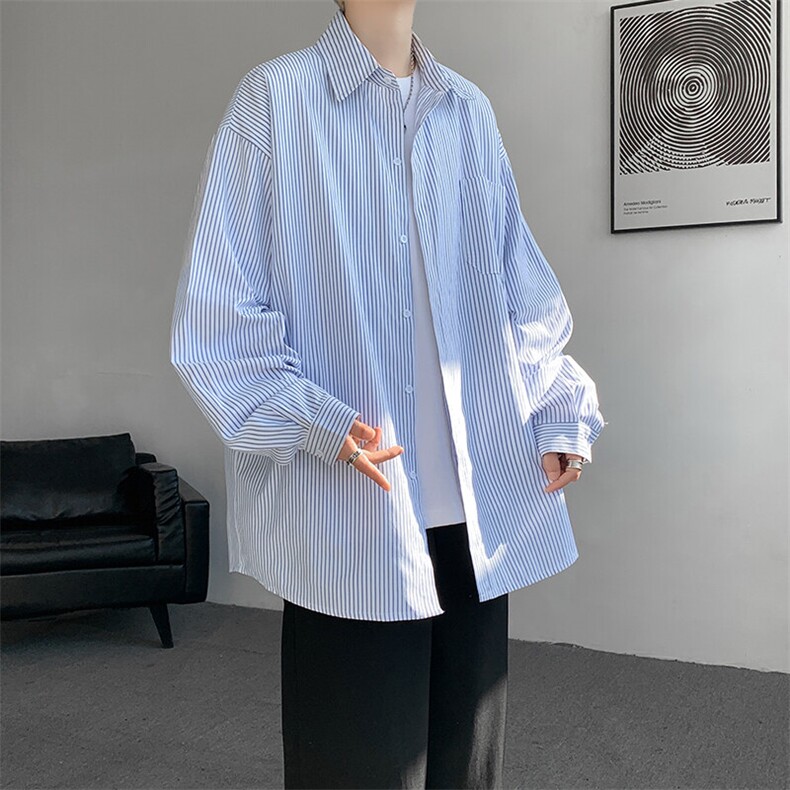 春夏条纹衬衫男长袖薄款痞帅高级感宽松慵懒风大码衬衣CS29003P45,男装衬衫,电商B312