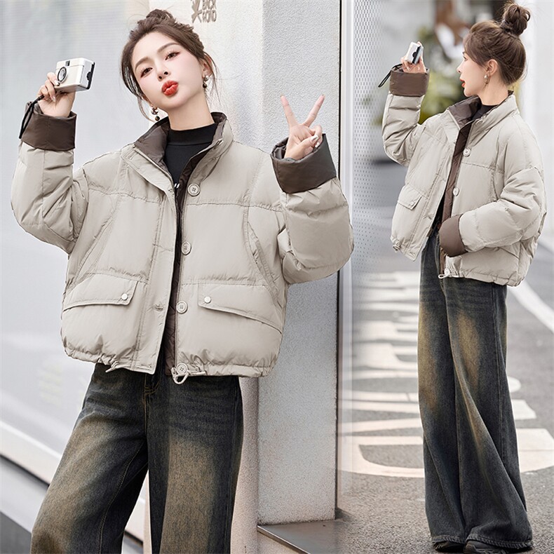 设计感针织拼接短款羽绒服女2025年冬季新款小个子加厚韩版面包服,女装羽绒服,美沁