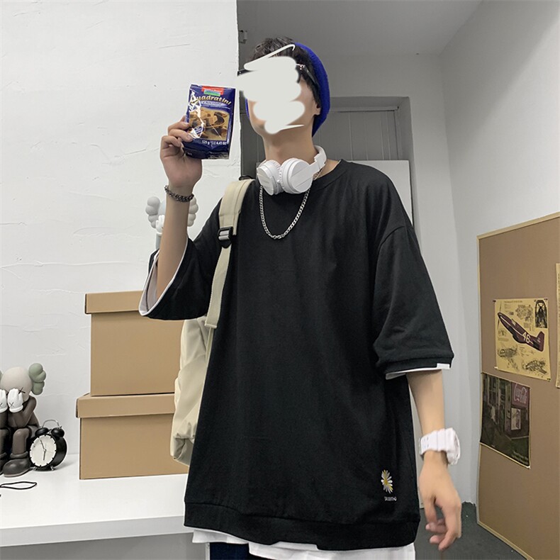 港风T恤宽松假两件刺绣五分袖，棉XZ1213-T1-P30,男装T恤,星座1213