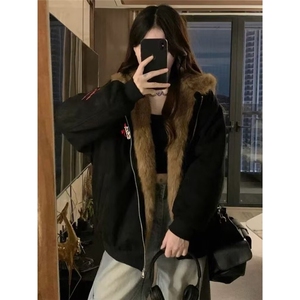 2025冬季美式飞行夹克牛角扣毛领连帽棉服男女宽松派克服外套图片