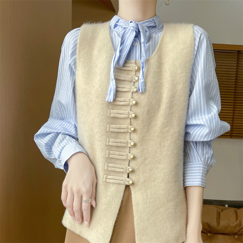 复古中国风100%羊毛衫女圆领盘扣无袖背心马甲宽松叠穿羊绒衫坎肩，女装马甲，美雪羊绒