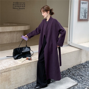 新款西梅汁翻领腰带长款羊毛呢大衣2C220 L527 P335 K489图片