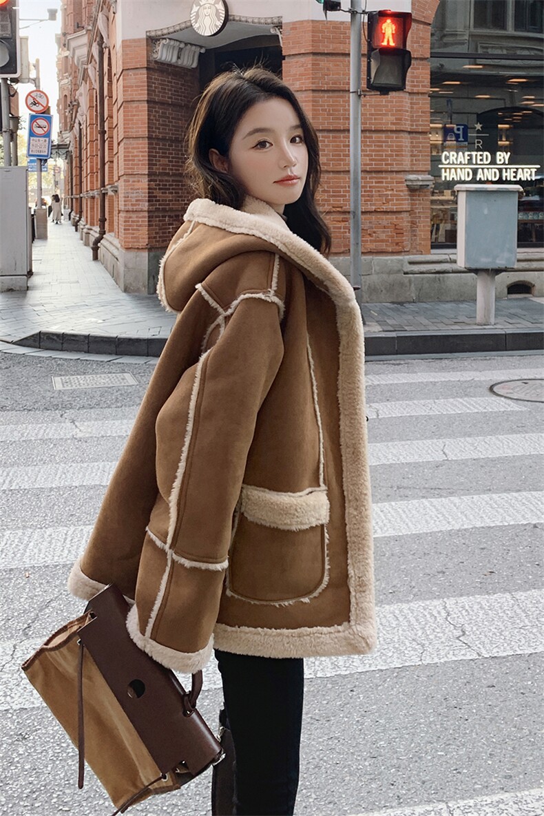 卡其色连帽加厚皮毛一体外套2C032877P185K268,女装棉衣/棉服,2C032