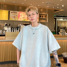 港风大码日系复古麂皮绒宽松套头圆领短袖T恤XZ213-T061-P35控48，男装T恤，星座213