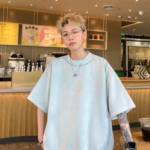港风大码日系复古麂皮绒宽松套头圆领短袖T恤 XZ213-T061-P35控48图片