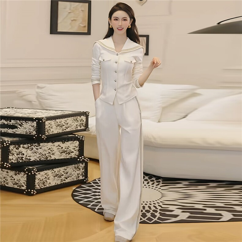 设计感时尚气质简约套装女秋季新款海军领修身长袖阔腿长裤两件套,女装套装/套裙,江南