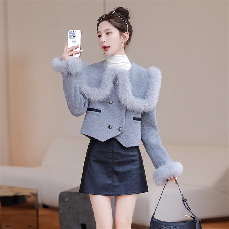 时尚气质双排扣毛呢外套女短款修身显瘦秋冬新款韩版百搭小香风大衣，女装毛呢外套，秋水欣儿