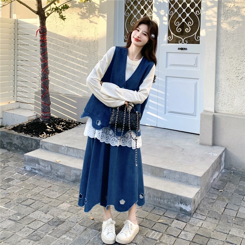 现货新款针织+牛仔马甲+半身裙三件套2C056-7203-P195控318,女装套装/套裙,2C056