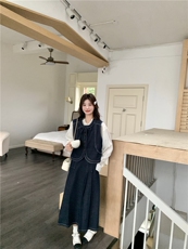 春现明线复古日系牛仔马甲连衣裙套装B190-506-P185-K258，女装套装/套裙，2B190