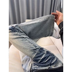 现货浅蓝色闪电水洗破洞牛仔裤男高街vibe裤子微喇牛仔裤情侣款，男装牛仔裤，星座302B
