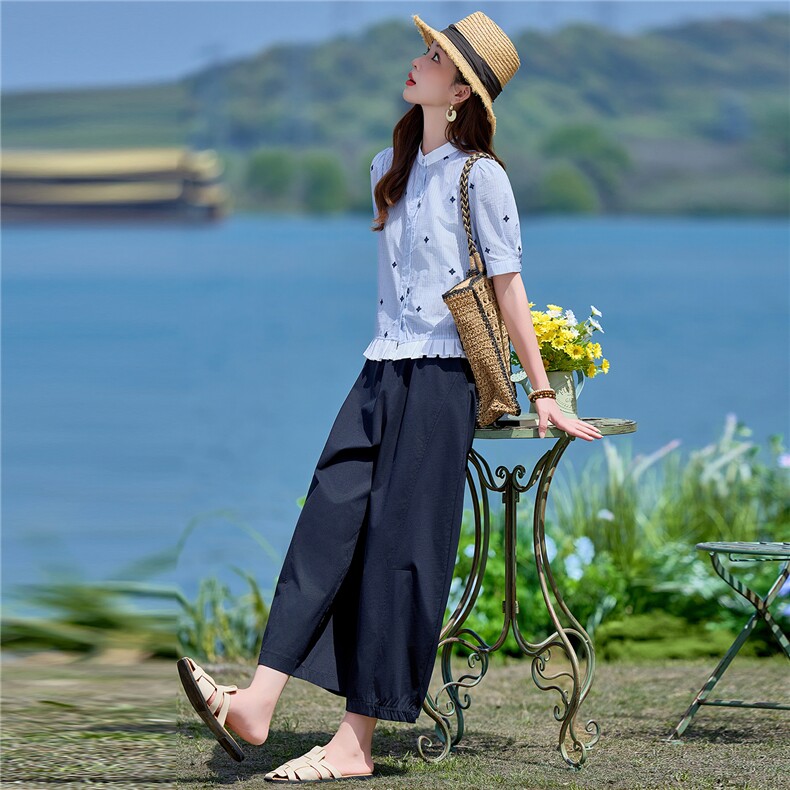 2026年夏季新款刺绣小立领衬衫阔腿裤两件套套装女,女装套装/套裙,依路服饰