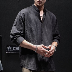 宽松型青少年纯色常规潮流泡泡纱长袖衬衫男春秋新款黑色潮文艺，男装衬衫，星座506A