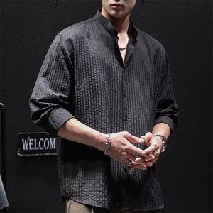 宽松型青少年纯色常规潮流泡泡纱长袖衬衫男春秋新款黑色潮文艺