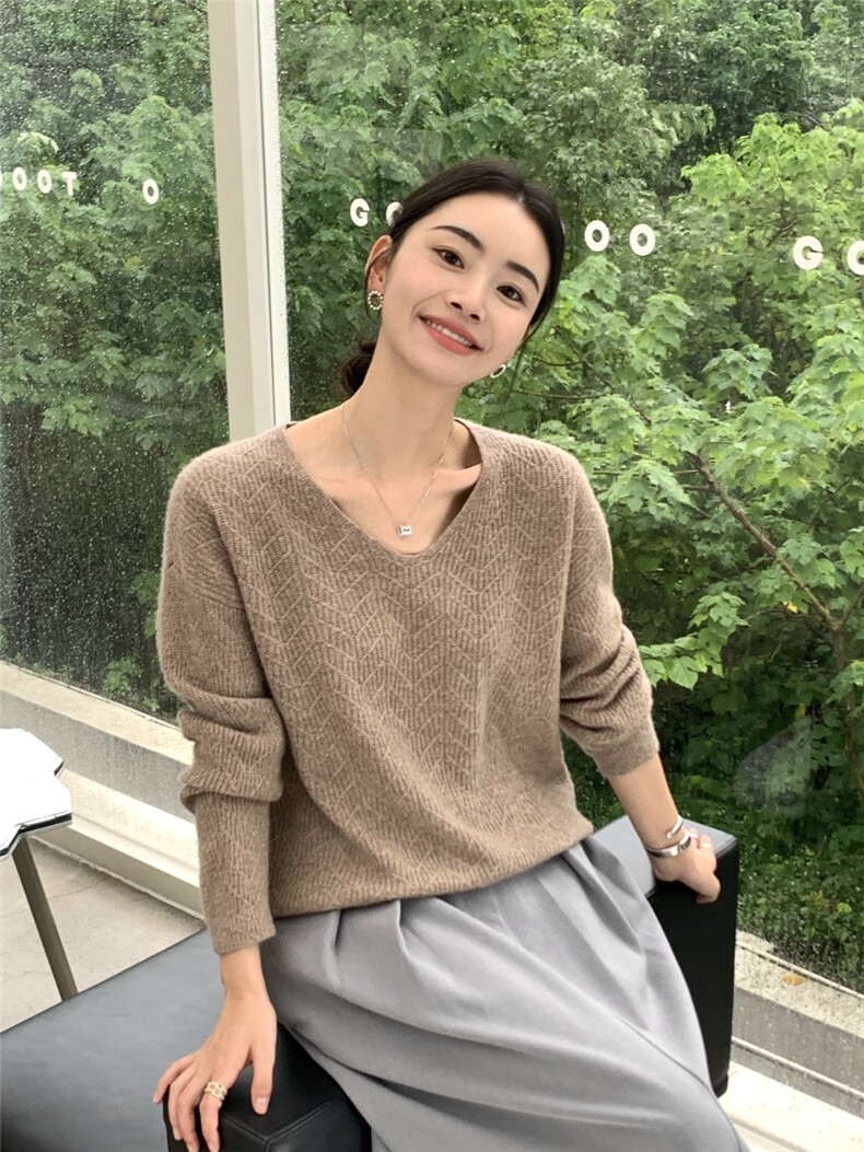 低圆领套头毛衣女针织秋冬休闲宽松打底衫,针织衫/毛衣,玛卡隆羊绒