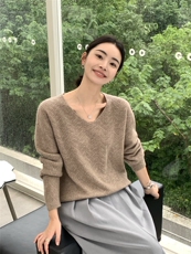 低圆领套头毛衣女针织秋冬休闲宽松打底衫，女装针织衫/毛衣，玛卡隆羊绒