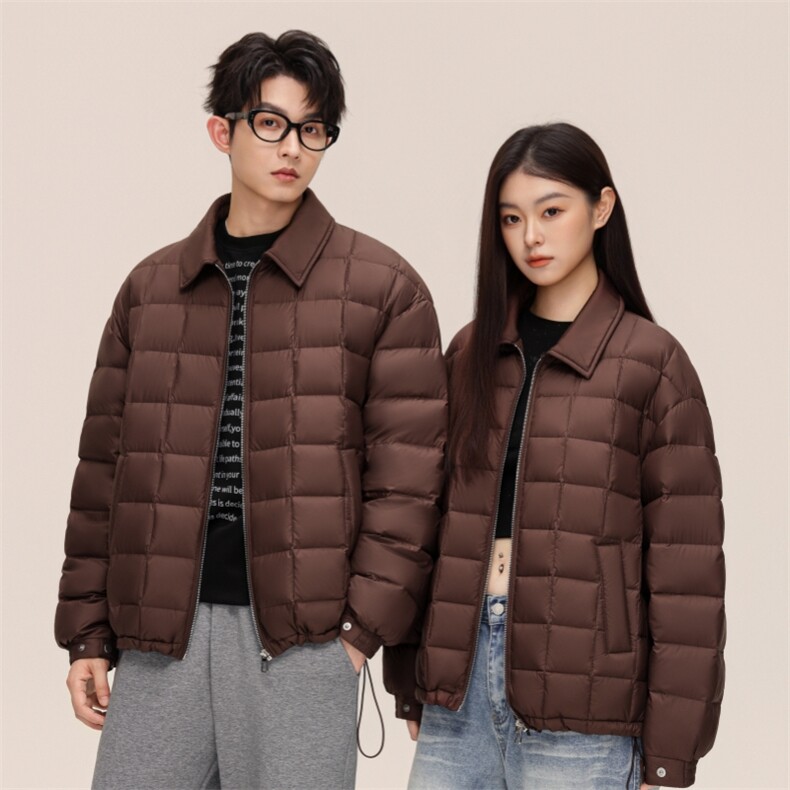 标90%轻薄款复古棋盘格翻领羽绒服男女同款秋冬季防寒外套P210,男装羽绒服,星座1210B