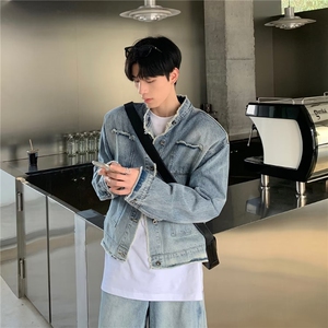 毛边立领水洗做旧渐变牛仔外套男款秋季潮牌休闲宽松百搭情侣夹克图片