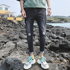 新款夏季牛仔裤男九分裤韩版潮流乞丐破洞弹力9分裤6921-P40，男装牛仔裤，电商A318