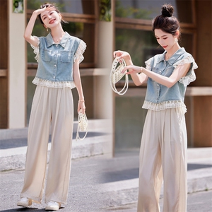 现货2024年夏季休闲/淑女新款女装韩版休闲牛仔蕾丝两件套套裤,女装套装/套裙,靓星雨