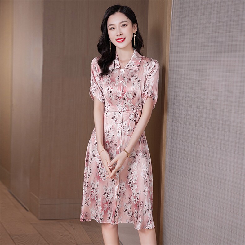 大喜自制【现货】莫奈花园2022复古修身真丝V领短袖印花连衣裙,女装连衣裙,阿舍尔精品