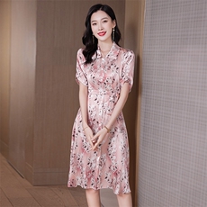 大喜自制【现货】莫奈花园2022复古修身真丝V领短袖印花连衣裙，女装连衣裙，阿舍尔精品