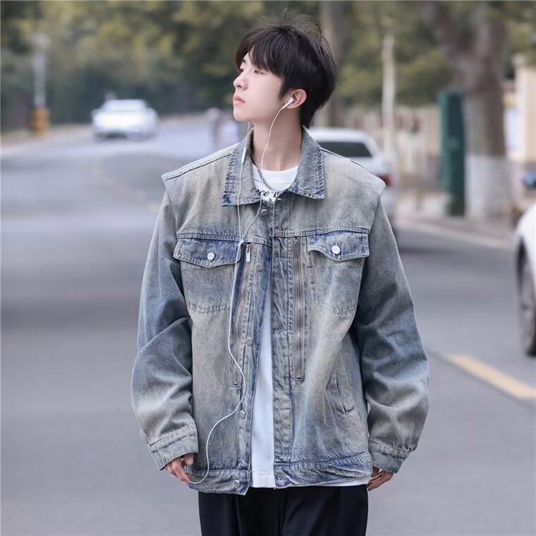 N1220-P65美式水洗做旧垫肩牛仔外套男春秋季高街潮牌多拉链，男装工装外套，电商B323A