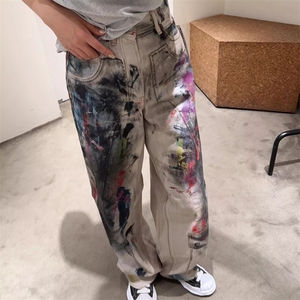 CP1254-P63 做旧涂鸦脏脏牛仔裤个性复古长裤男女同款牛仔裤图片