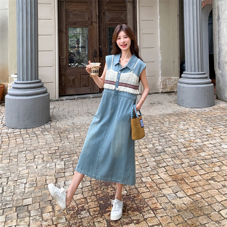 法式蓝色针织拼接牛仔连衣裙女夏2025新款收腰显瘦绝美气质长裙子图片
