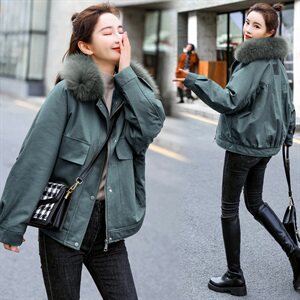 棉衣/棉服2021新款冬兔毛中长款工装带帽棉服女外套配毛领图片