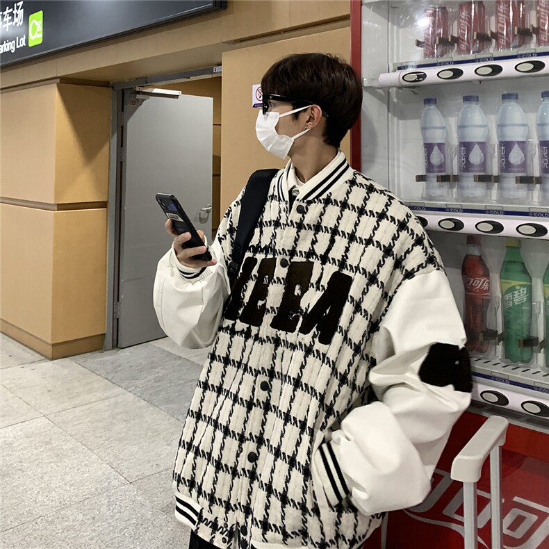 EQ85毛巾绣棒球服外套男格子编织夹克2024新款春装港风P113,男装夹克,电商C306-1
