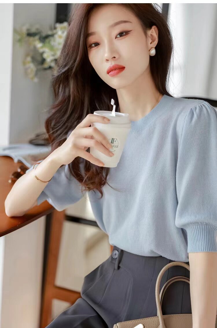春秋针织短袖t恤上衣女2025新款女套头百搭,针织衫/毛衣,圣旺供货