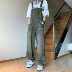 夏季新款工装牛仔背带裤男生美式宽松日系潮牌休闲拖地长裤子，男装牛仔裤，星座716-2
