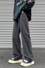 水泥色oversize美式高街刺绣牛仔裤腰带男潮牌黄泥hiphop阔腿裤子，男装牛仔裤，电商B315
