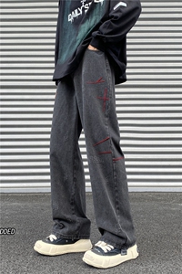水泥色oversize美式高街刺绣牛仔裤腰带男潮牌黄泥hiphop阔腿裤子图片