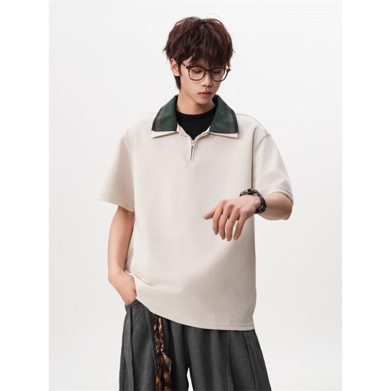 M-8XL美式复古撞色拼接polo衫半拉链短袖t恤大码宽松DX1227/特P40,男装T恤,电商B238