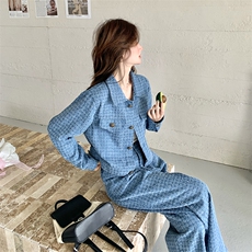 蓝色小香风牛仔套装女2025春季新款韩系休闲短款上衣阔腿裤两件套，女装套装/套裙，2C206