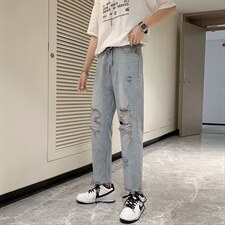 夏季破洞牛仔裤男士潮牌直筒阔腿宽松潮流老爹休闲裤子NK367-P40，男装牛仔裤，星座1008-1