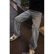 牛仔裤女阔腿直筒裤2026春秋宽松烫钻港风拖地裤长裤显瘦N173，男装牛仔裤，星座1116A（原606A-3）