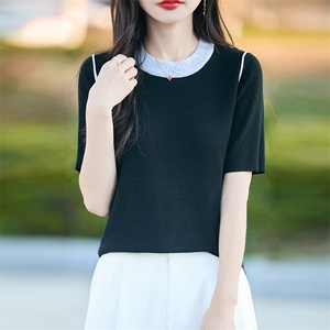 时尚撞色短袖t恤女夏季2025新款打底衫洋气大码女装冰丝针织上衣图片